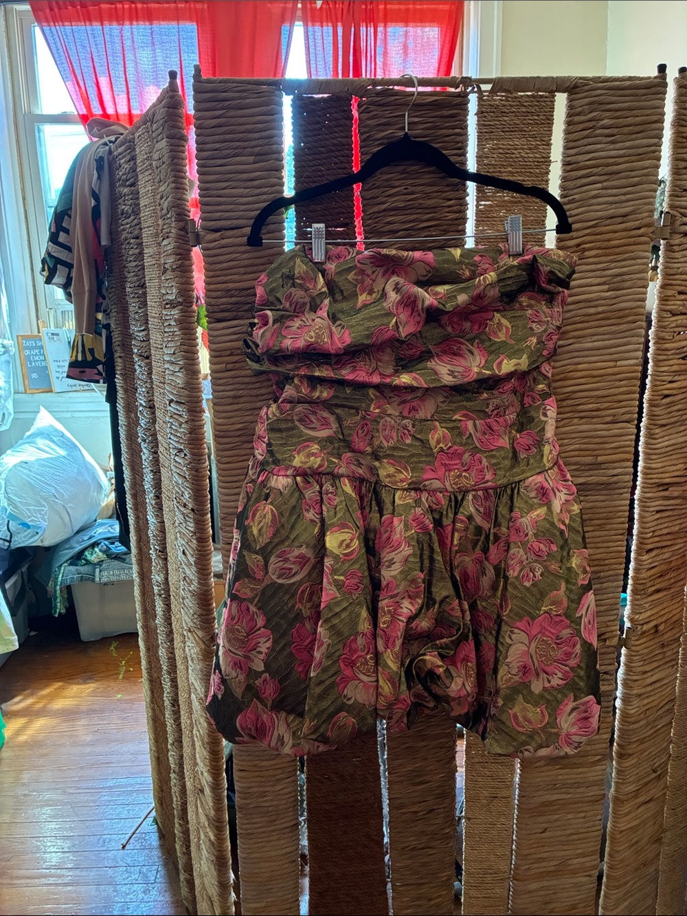 Strapless Floral Bubble Dress - Olive Green & Pink